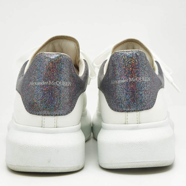 Pre Owned Alexander McQueen White Leather and Glitter Oversized Low Top Sneakers Size 39.5