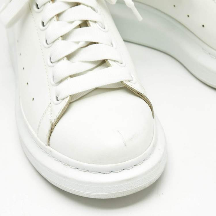 Pre Owned Alexander McQueen White Leather and Glitter Oversized Low Top Sneakers Size 39.5