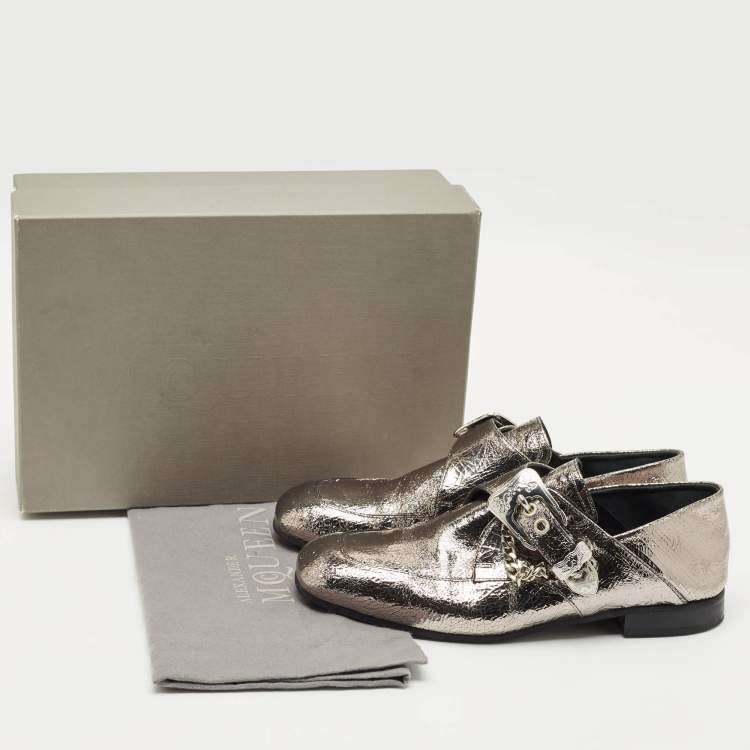 Pre Owned Alexander McQueen Silver Leather Foldable Loafers Size 39