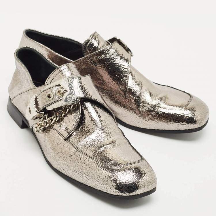 Pre Owned Alexander McQueen Silver Leather Foldable Loafers Size 39