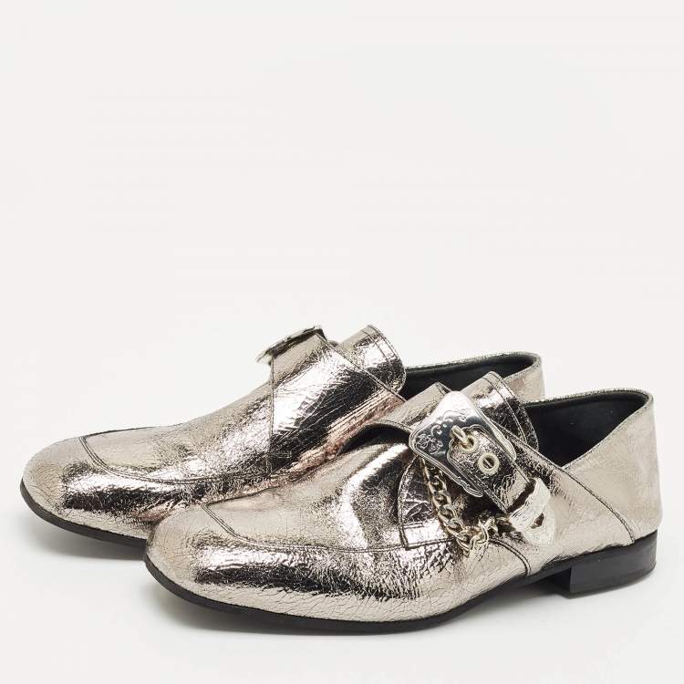 Pre Owned Alexander McQueen Silver Leather Foldable Loafers Size 39