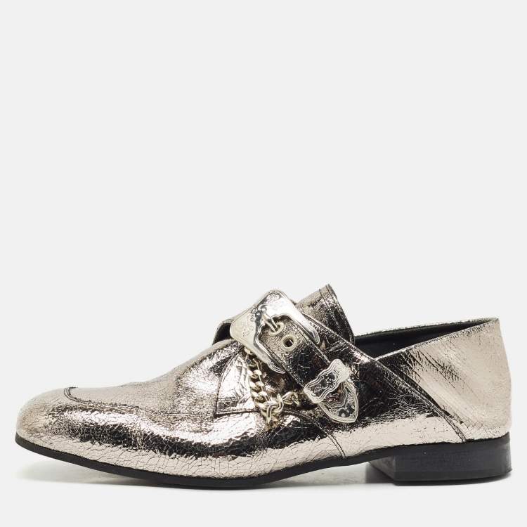 Pre Owned Alexander McQueen Silver Leather Foldable Loafers Size 39
