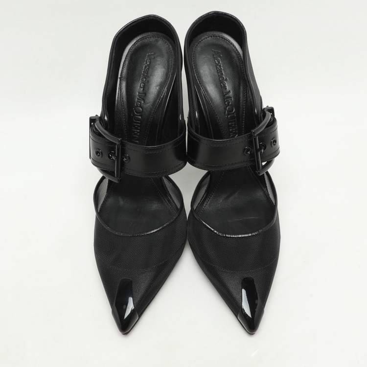 Pre Owned Alexander McQueen Black Leather and Mesh Punk Mules Size 38.5
