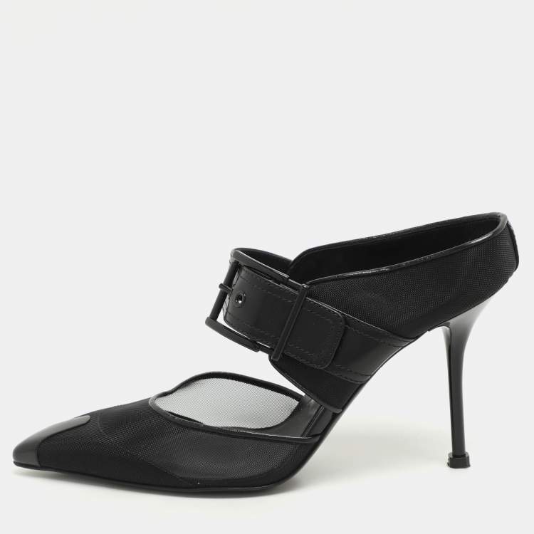 Pre Owned Alexander McQueen Black Leather and Mesh Punk Mules Size 38.5