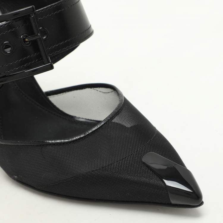 Pre Owned Alexander McQueen Black Leather and Mesh Punk Mules Size 38.5