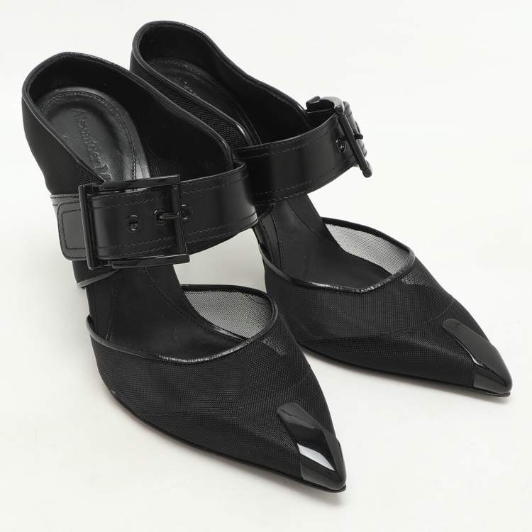 Pre Owned Alexander McQueen Black Leather and Mesh Punk Mules Size 38.5