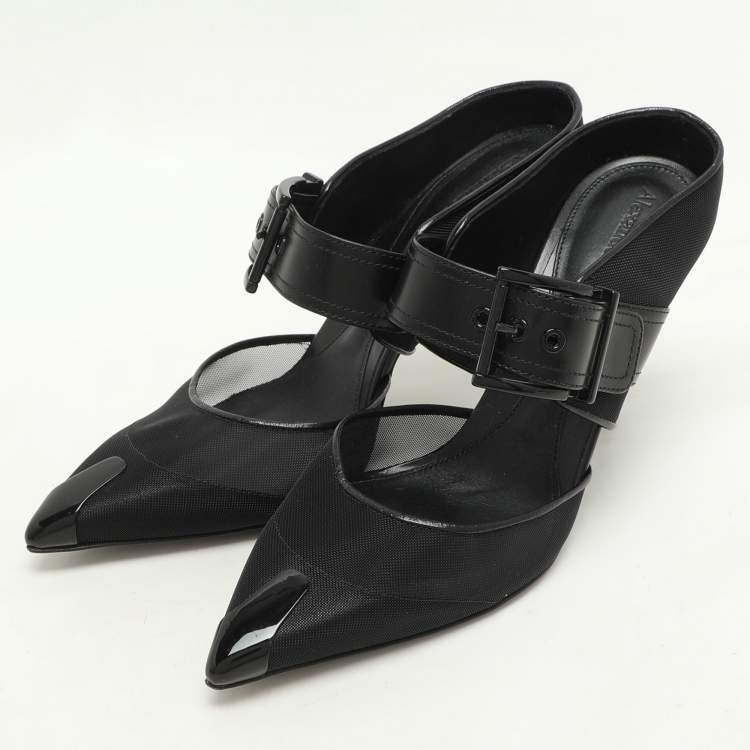 Pre Owned Alexander McQueen Black Leather and Mesh Punk Mules Size 38.5