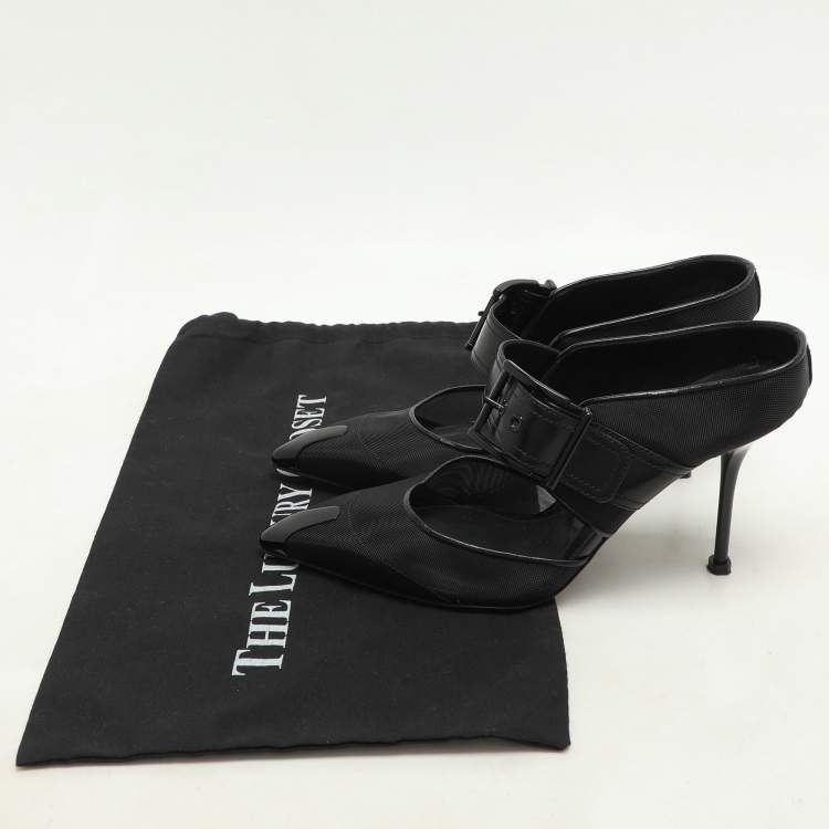 Pre Owned Alexander McQueen Black Leather and Mesh Punk Mules Size 38.5