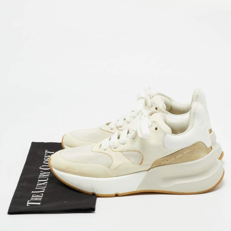 Pre Owned Alexander McQueen Cream/Off White Leather and Fabric Oversized Runner Sneakers Size 40