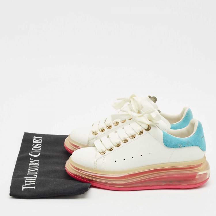 Pre Owned Alexander McQueen Blue/White Leather and Suede Oversized Lace Up Sneakers Size 35.5