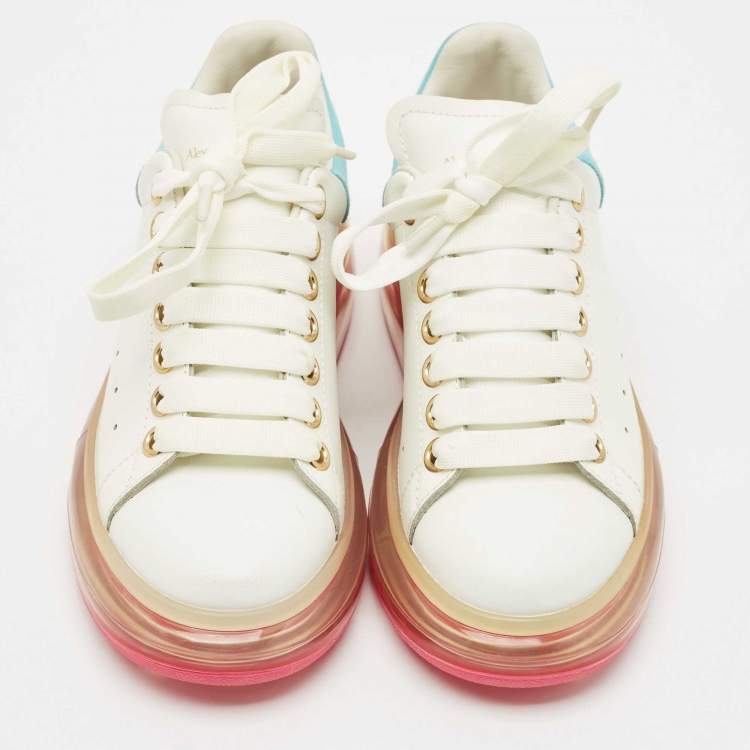 Pre Owned Alexander McQueen Blue/White Leather and Suede Oversized Lace Up Sneakers Size 35.5