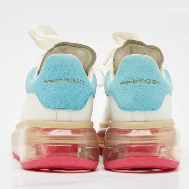 Pre Owned Alexander McQueen Blue/White Leather and Suede Oversized Lace Up Sneakers Size 35.5