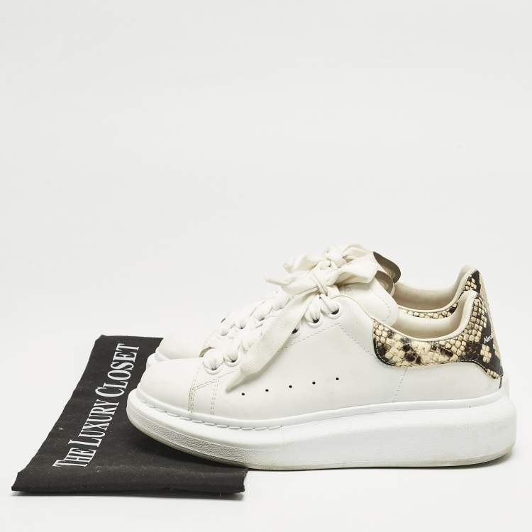 Pre Owned Alexander McQueen White/Beige Python Embossed Leather and Leather Oversized Sneakers Size 36