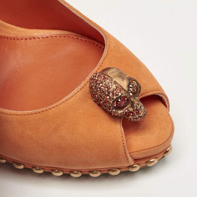 Pre Owned Alexander McQueen Orange Suede Skull Studded Peep Toe Pumps Size 37