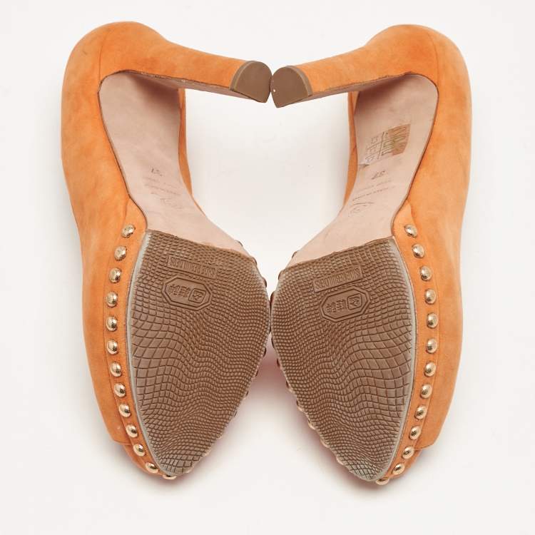 Pre Owned Alexander McQueen Orange Suede Skull Studded Peep Toe Pumps Size 37