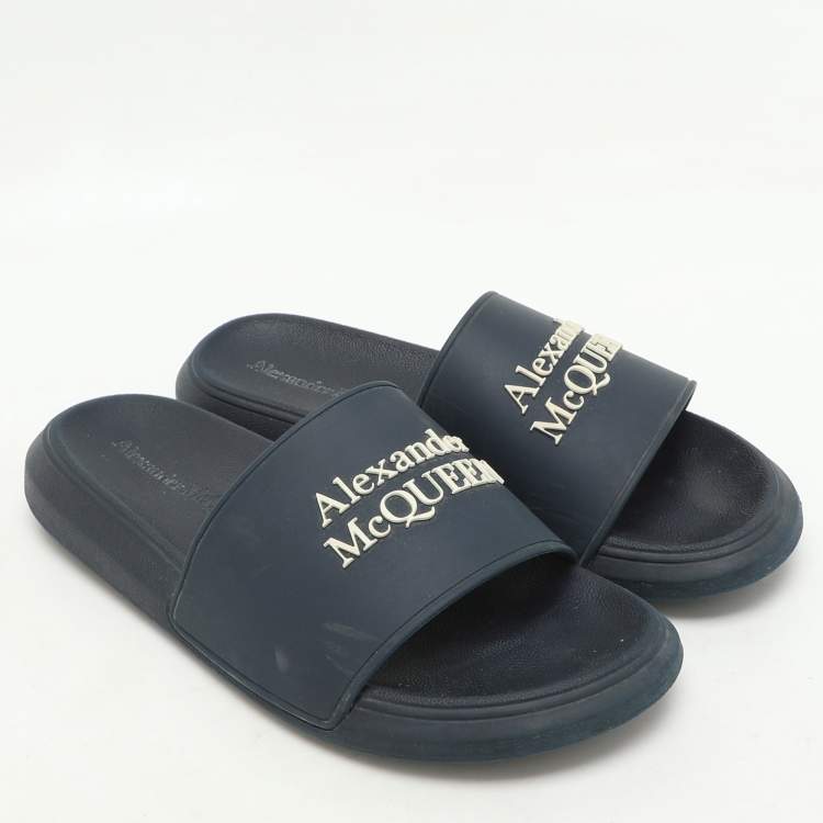 Pre Owned Alexander McQueen Navy Blue Rubber Flat Slides Size 37