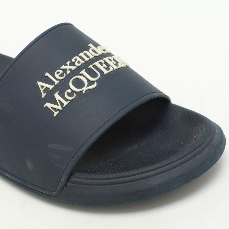 Pre Owned Alexander McQueen Navy Blue Rubber Flat Slides Size 37