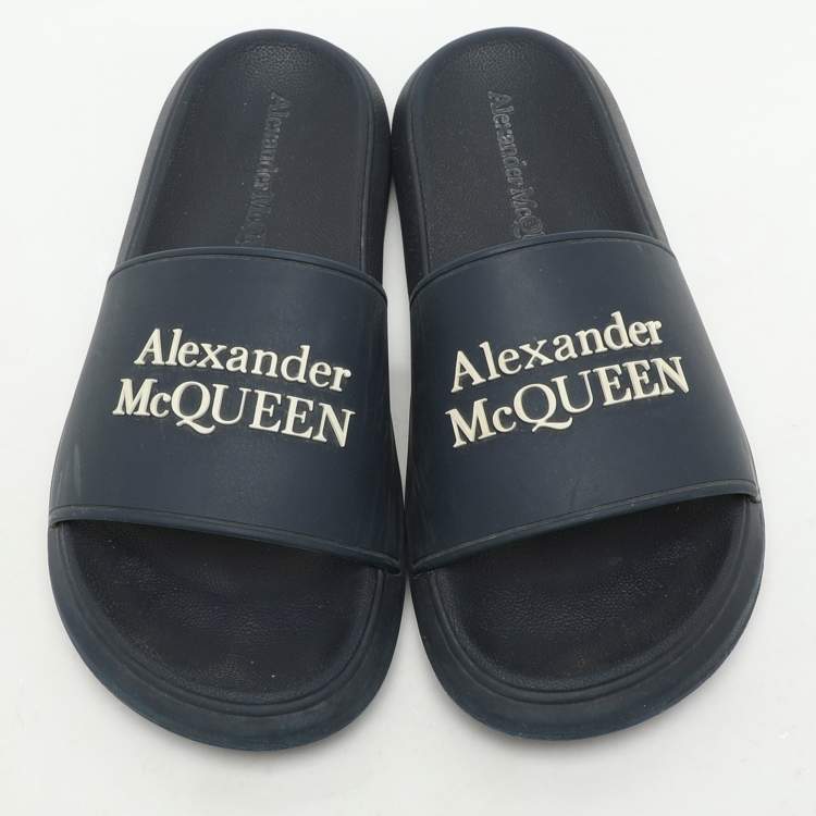 Pre Owned Alexander McQueen Navy Blue Rubber Flat Slides Size 37