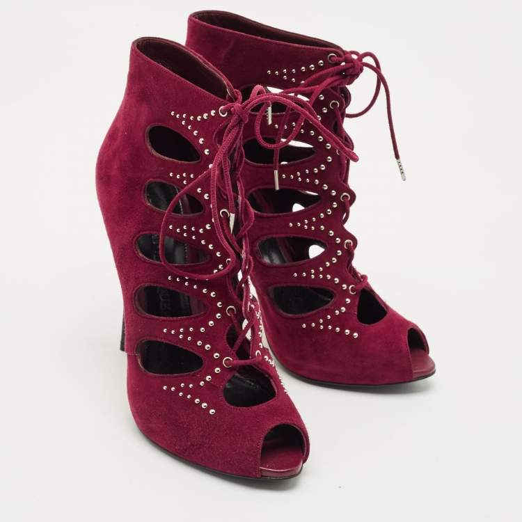 Pre Owned Alexander McQueen Burgundy Cut Out Suede Studded Ankle Booties Size 38