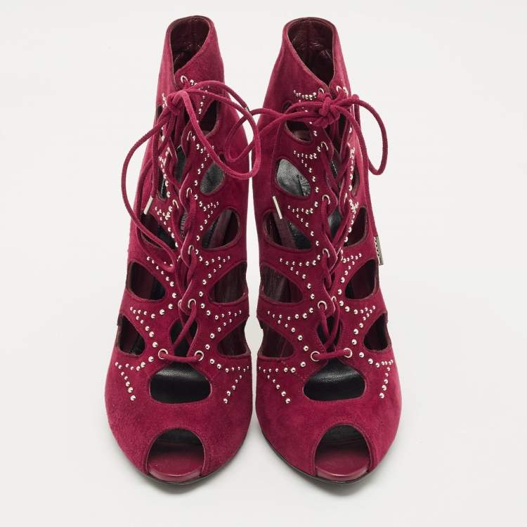 Pre Owned Alexander McQueen Burgundy Cut Out Suede Studded Ankle Booties Size 38