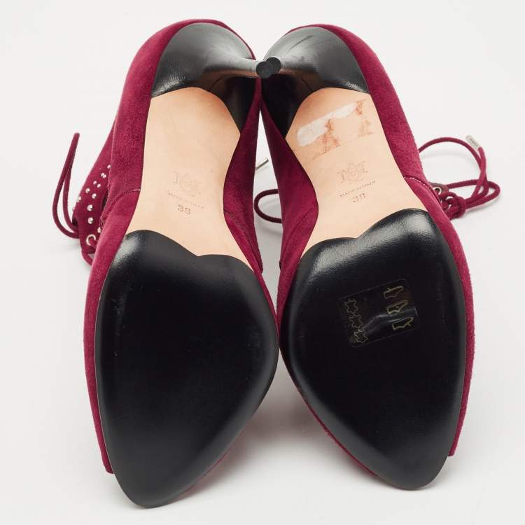 Pre Owned Alexander McQueen Burgundy Cut Out Suede Studded Ankle Booties Size 38
