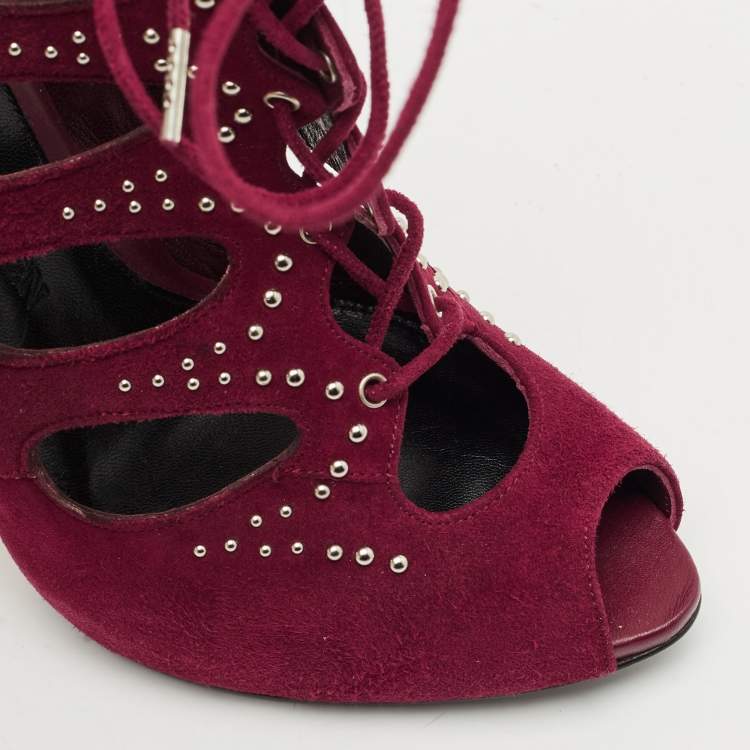 Pre Owned Alexander McQueen Burgundy Cut Out Suede Studded Ankle Booties Size 38