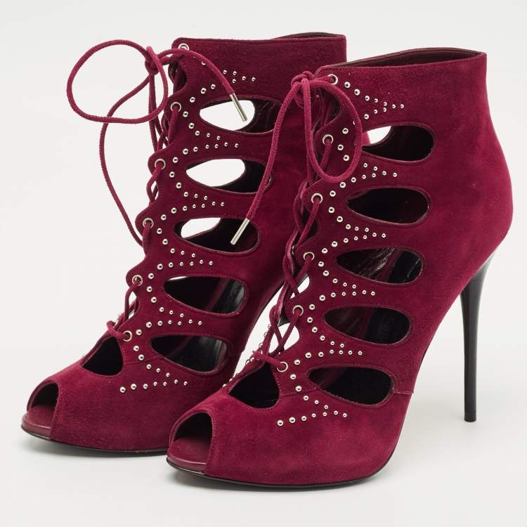 Pre Owned Alexander McQueen Burgundy Cut Out Suede Studded Ankle Booties Size 38
