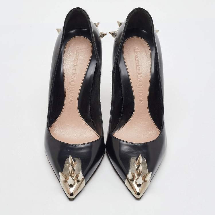 Pre Owned Alexander McQueen Black Leather Spike Pointed Toe Pumps Size 36