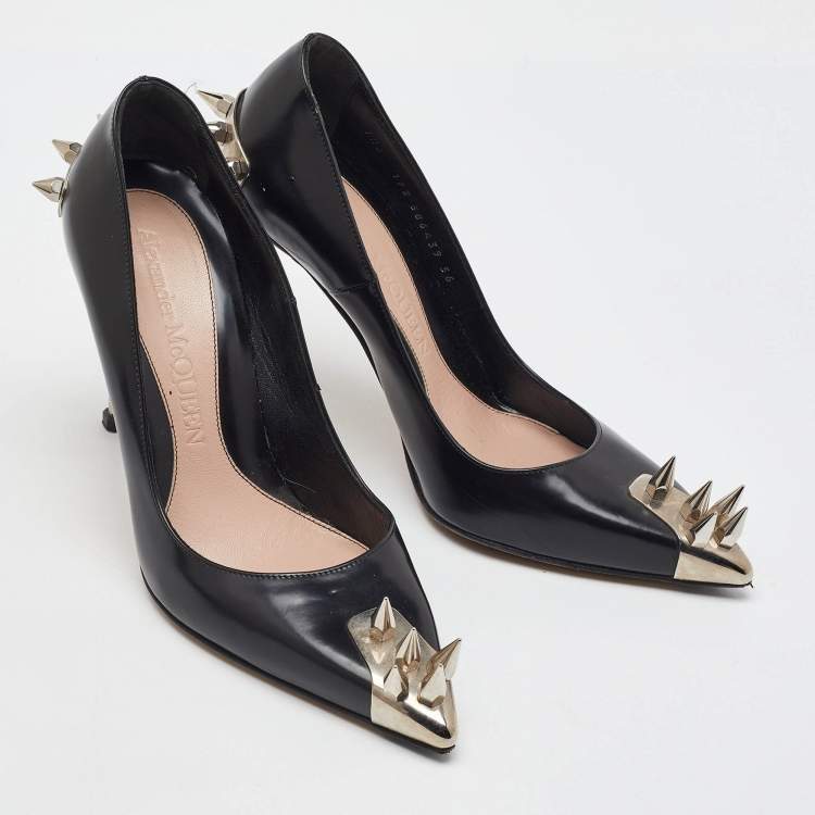 Pre Owned Alexander McQueen Black Leather Spike Pointed Toe Pumps Size 36