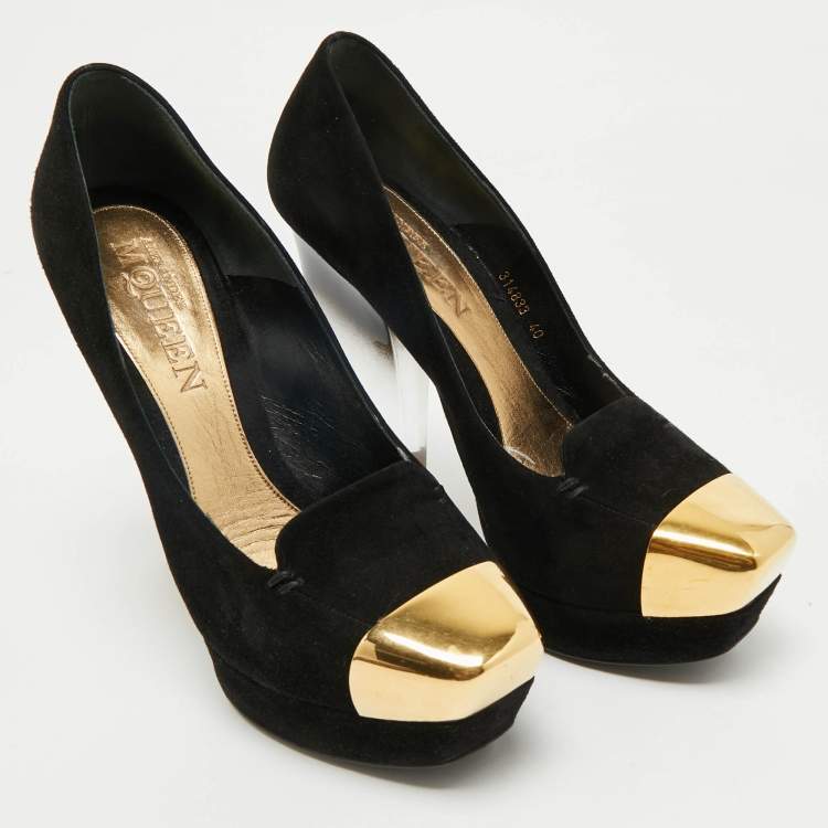 Pre Owned Alexander McQueen Black Suede Plexi Heel Platform Pumps Size 40