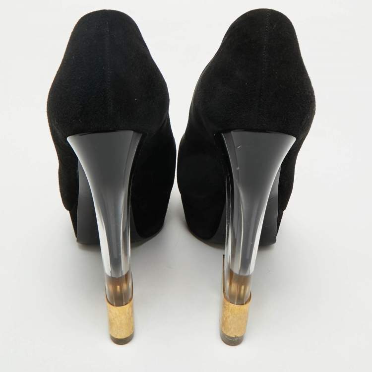 Pre Owned Alexander McQueen Black Suede Plexi Heel Platform Pumps Size 40