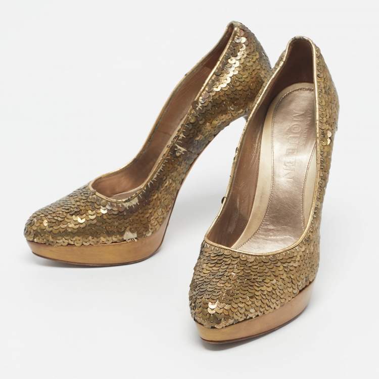 Pre Owned Alexander McQueen Gold Sequins Horn Heel Platform Pumps Size 40