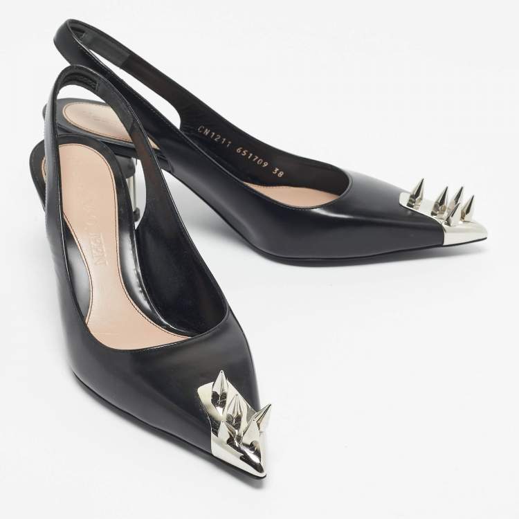 Pre Owned Alexander McQueen Black Leather Punk Spike Slingback Pumps Size 38