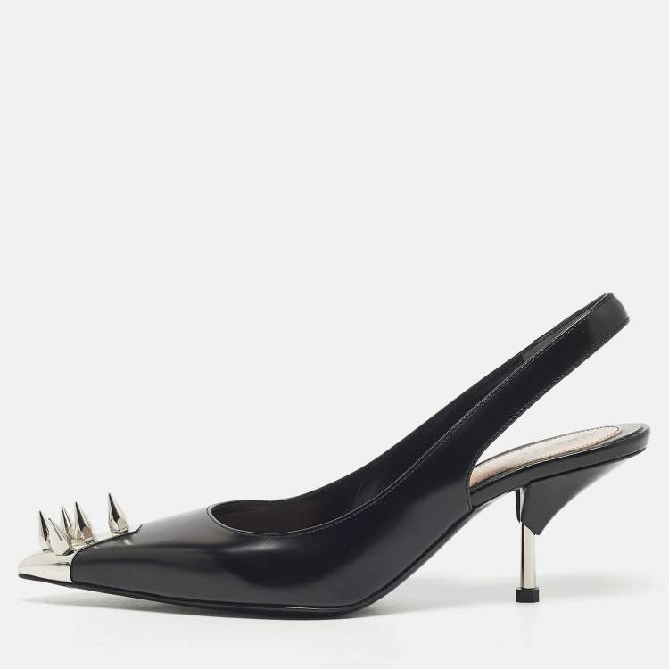 Pre Owned Alexander McQueen Black Leather Punk Spike Slingback Pumps Size 38
