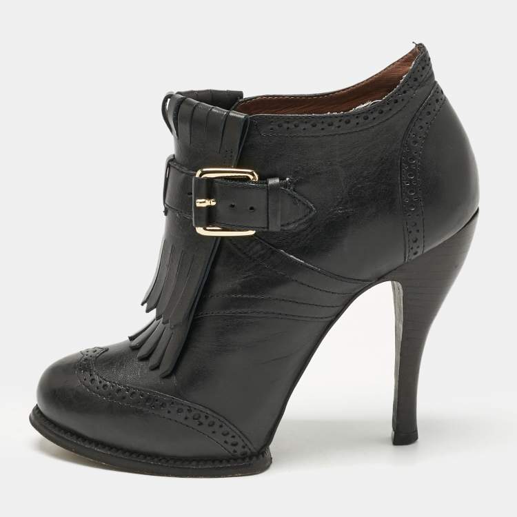 Pre Owned Alexander McQueen Black Leather Fringe Ankle Length Boots Size 36