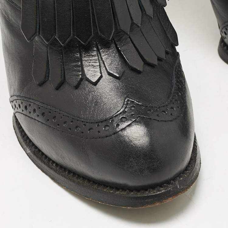 Pre Owned Alexander McQueen Black Leather Fringe Ankle Length Boots Size 36