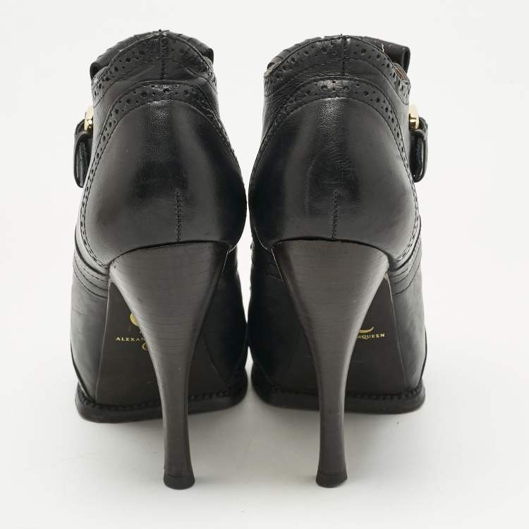 Pre Owned Alexander McQueen Black Leather Fringe Ankle Length Boots Size 36