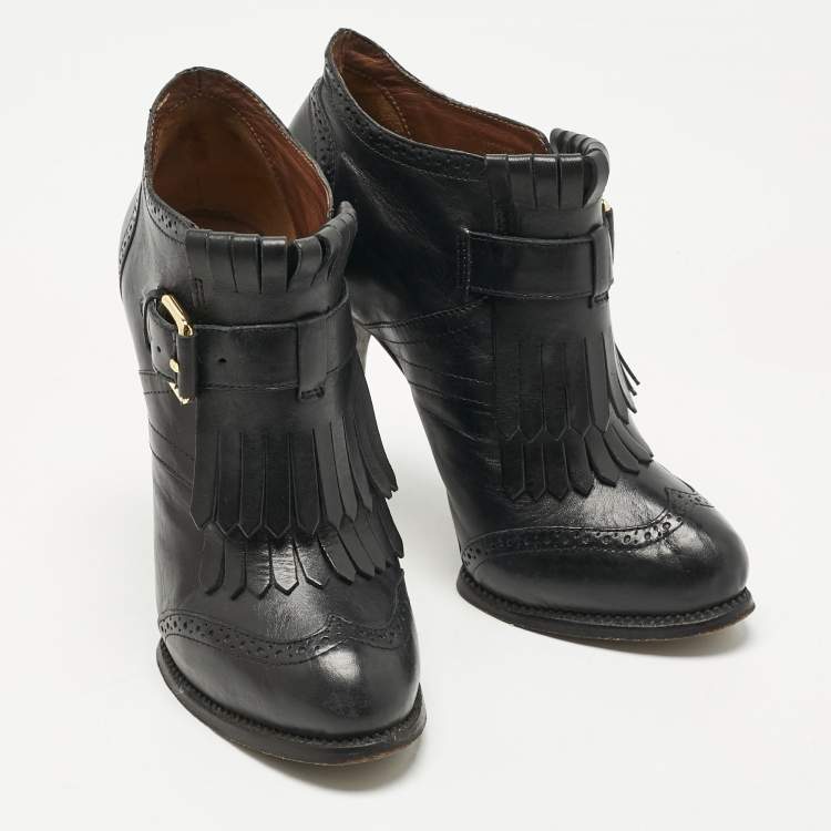 Pre Owned Alexander McQueen Black Leather Fringe Ankle Length Boots Size 36