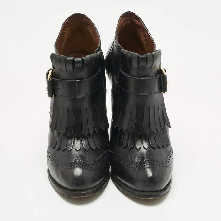 Pre Owned Alexander McQueen Black Leather Fringe Ankle Length Boots Size 36