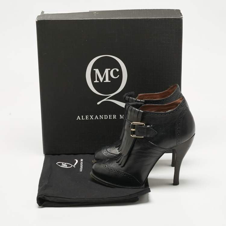 Pre Owned Alexander McQueen Black Leather Fringe Ankle Length Boots Size 36
