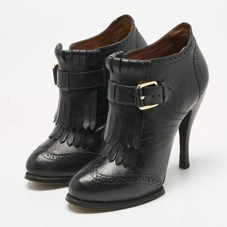 Pre Owned Alexander McQueen Black Leather Fringe Ankle Length Boots Size 36