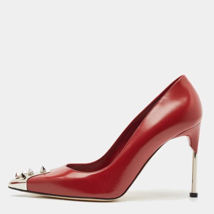Pre Owned Alexander McQueen Red Leather Spike Pointed Toe Pumps Size 38