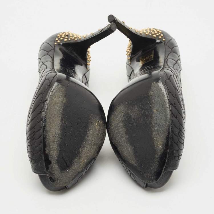 Pre Owned Alexander McQueen Black Leather Crystal Embellished Skull Detail Peep Toe Platform Pumps Size 41