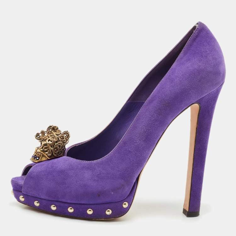 Pre Owned Alexander McQueen Purple Suede Skull Peep Toe Pumps Size 40