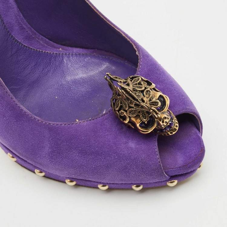 Pre Owned Alexander McQueen Purple Suede Skull Peep Toe Pumps Size 40