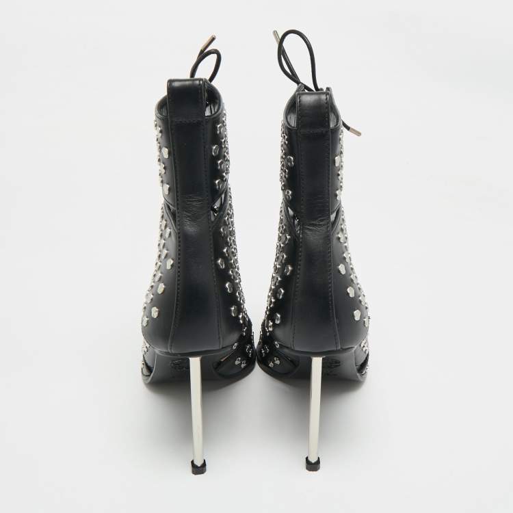 Pre Owned Alexander McQueen Black Cutout Leather Ankle Length Boots Size 39