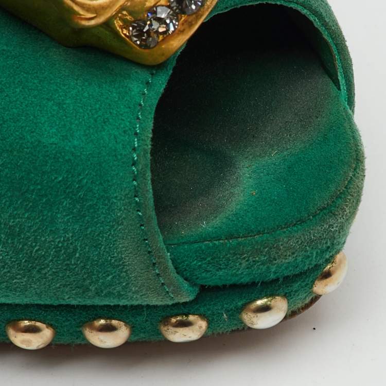 Pre Owned Alexander McQueen Green Suede Skull Platform Peep Toe Pumps Size 38.5