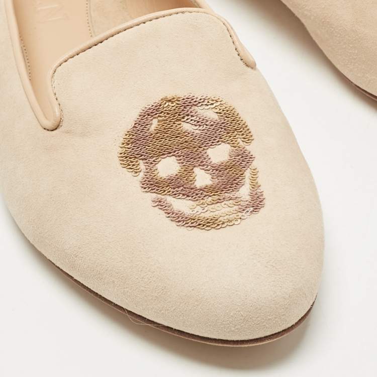 Pre Owned Alexander McQueen Peach Suede Skull Embroidered Smoking Slippers Size 39