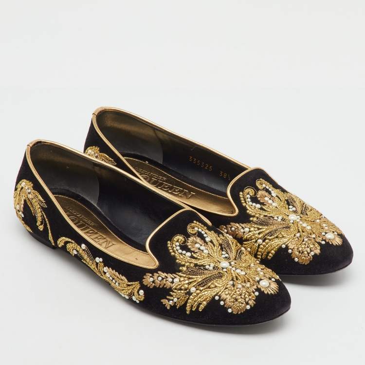 Pre Owned Alexander McQueen Black Suede Embroidered Smoking Slippers Size 38.5