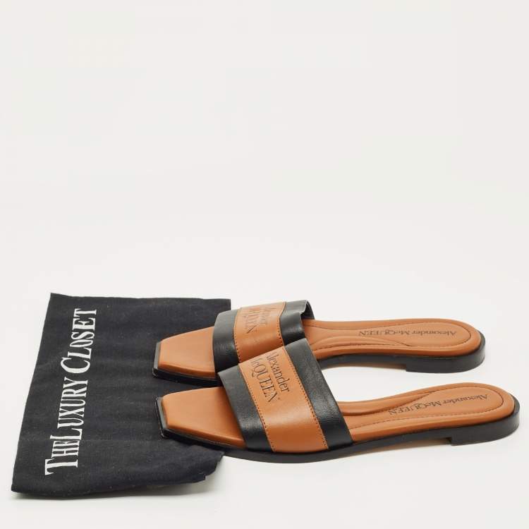 Pre Owned Alexander McQueen Brown/Black Leather Flats Slide Size 36